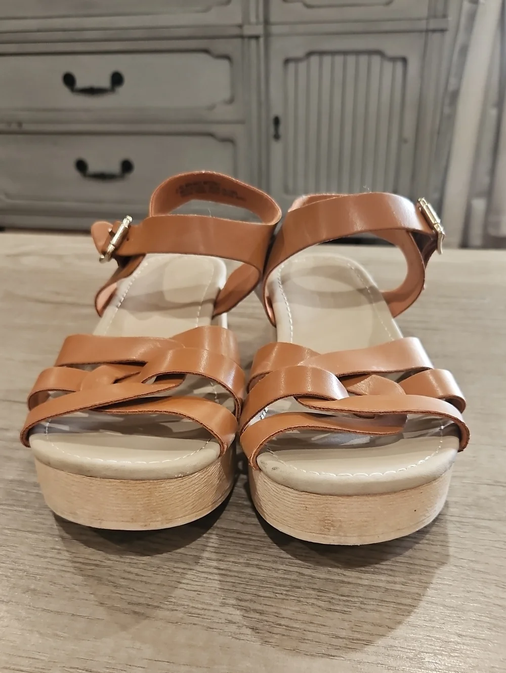 Women's Tan Leather Strappy Clog Sandals with Buckle